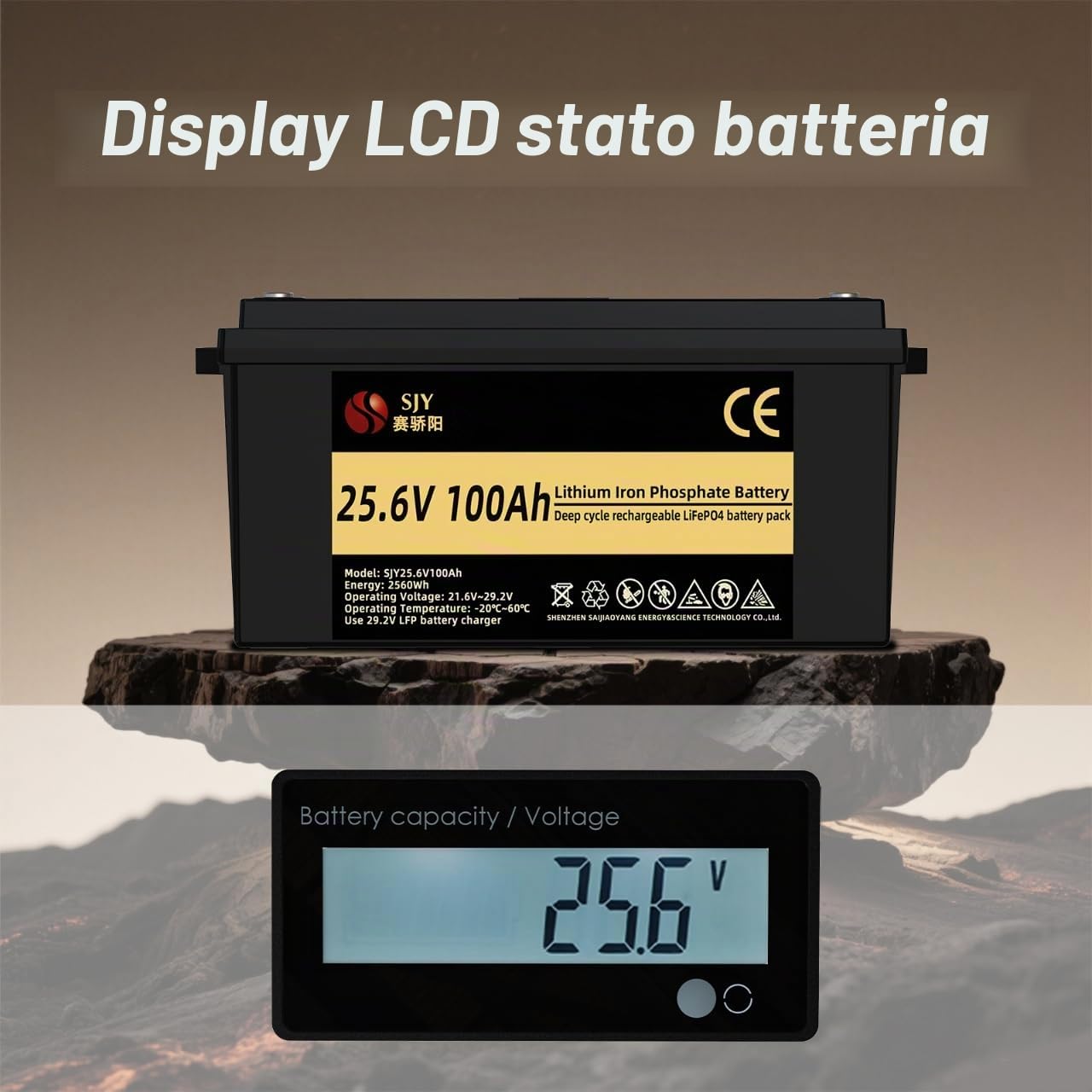 Batteria LifePO4 da 24 V 100 Ah, batteria integrata BMS 10000 Deep Cycle Grade A ricaricabile al litio ferro fosfato con LCD perfetta per off-grid, camper, sistema solare, barca, camper