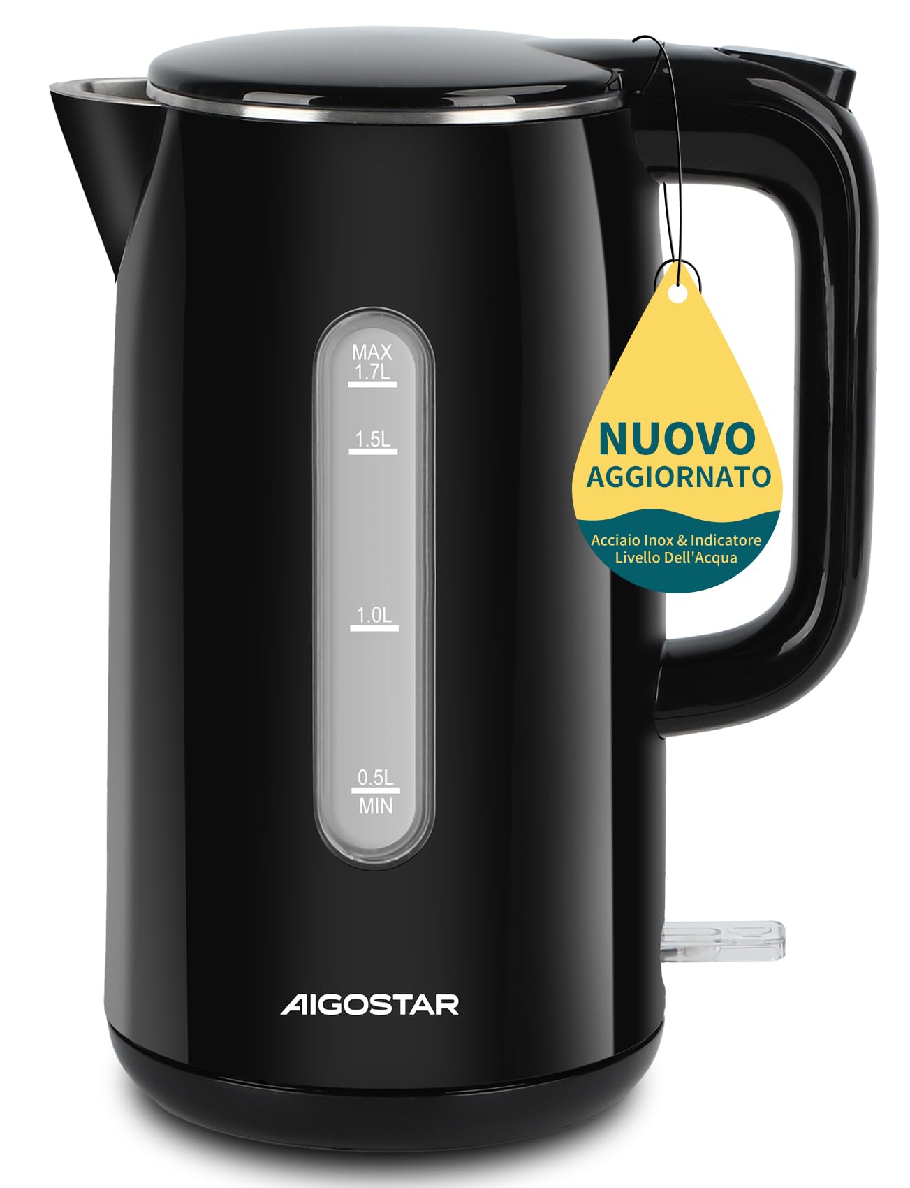 Aigostar Bollitore Elettrico Acciaio Inox Nero 1,7 Litri - Bollitura Rapida Electric Kettle 2200W, Doppio Isolamento, Senza Plastica All'interno, Senza BPA, Visualizzazione del Livello Dell'acqua