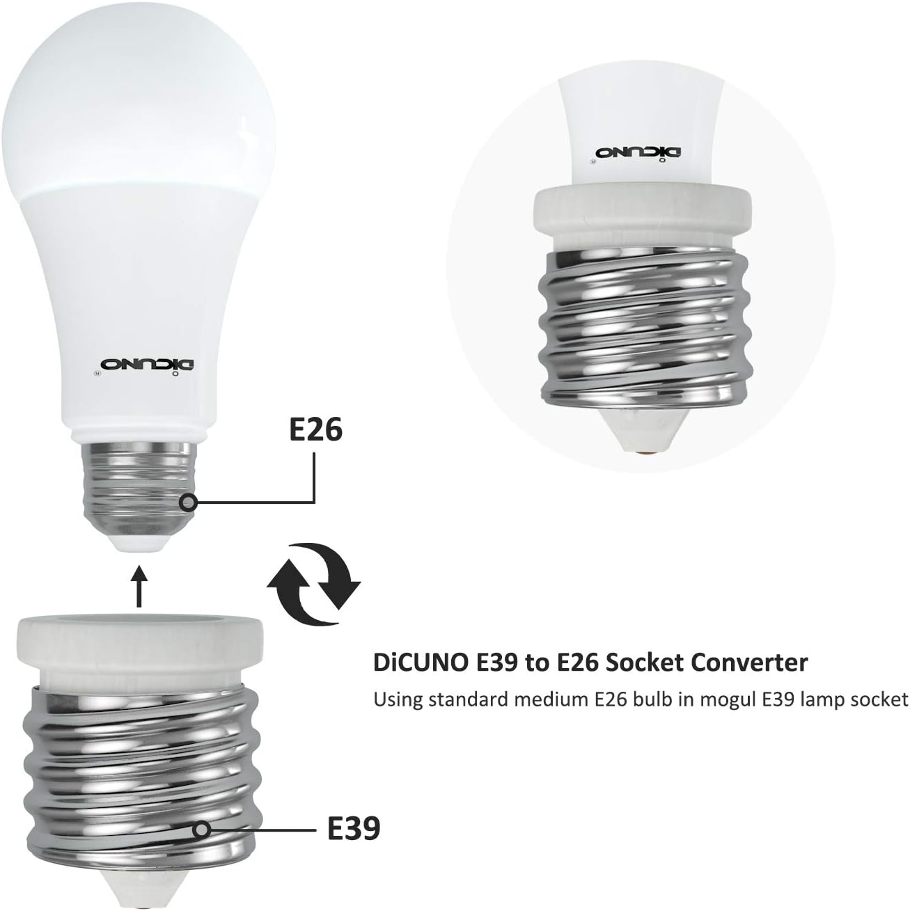DiCUNO E39 to E26 Socket Converter, Ceramic Mogul E39 to Standard Medium E26 Light Bulb Adapter, Maximum 660W and 200℃ Heat-Resistant, UL-Listed Mogul Adapter Porcelain E39 Socket Reducer of 1-Pack