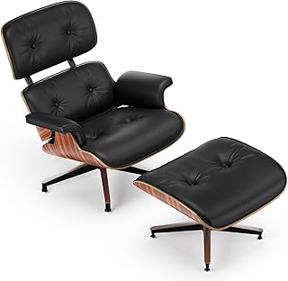 Top Black Grain Leather, Mid Century Chaise Lounge Chair and Ottoman, Mo...