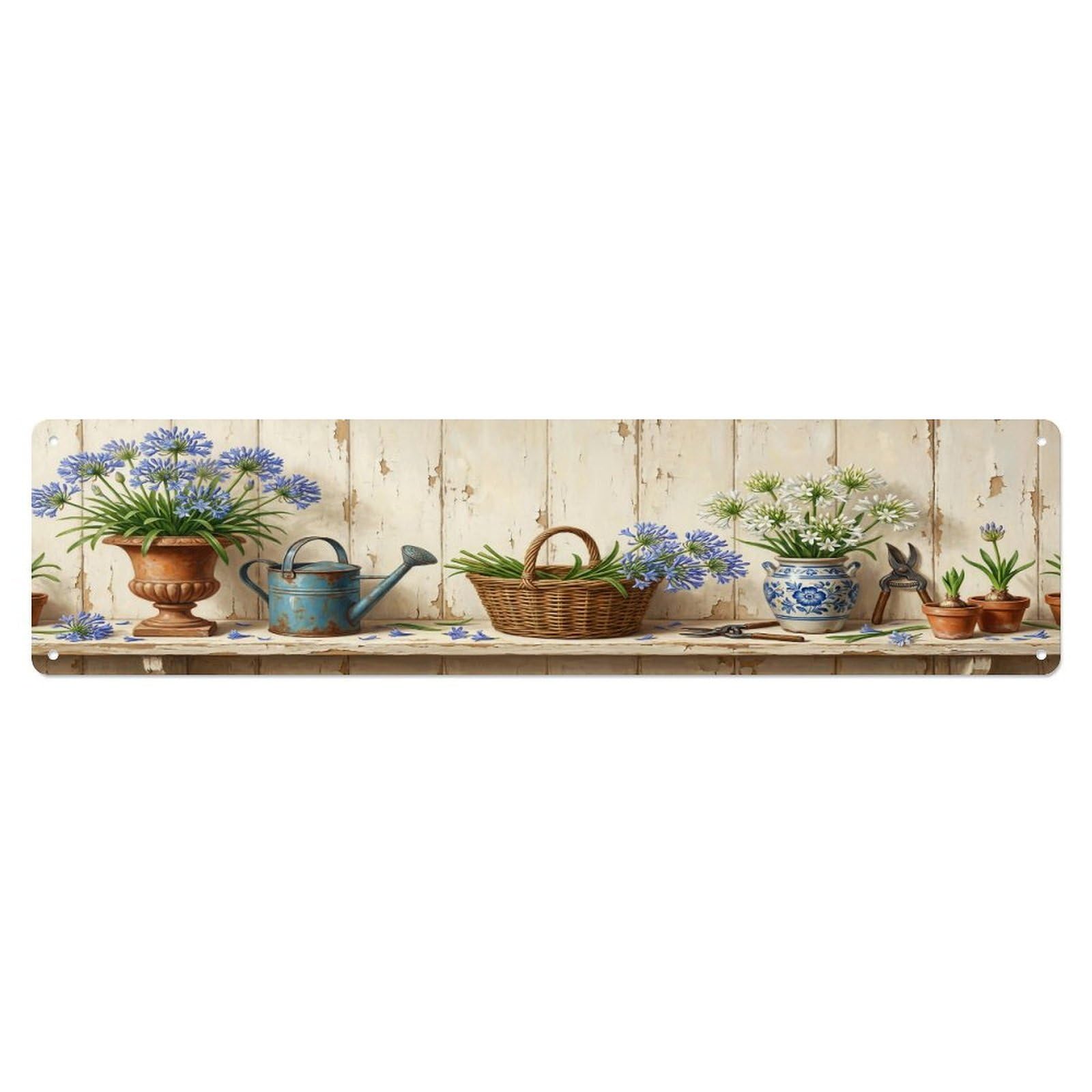Floral Garden Tools Agapanthus Urn Pattern Print Metal Tin Sign
