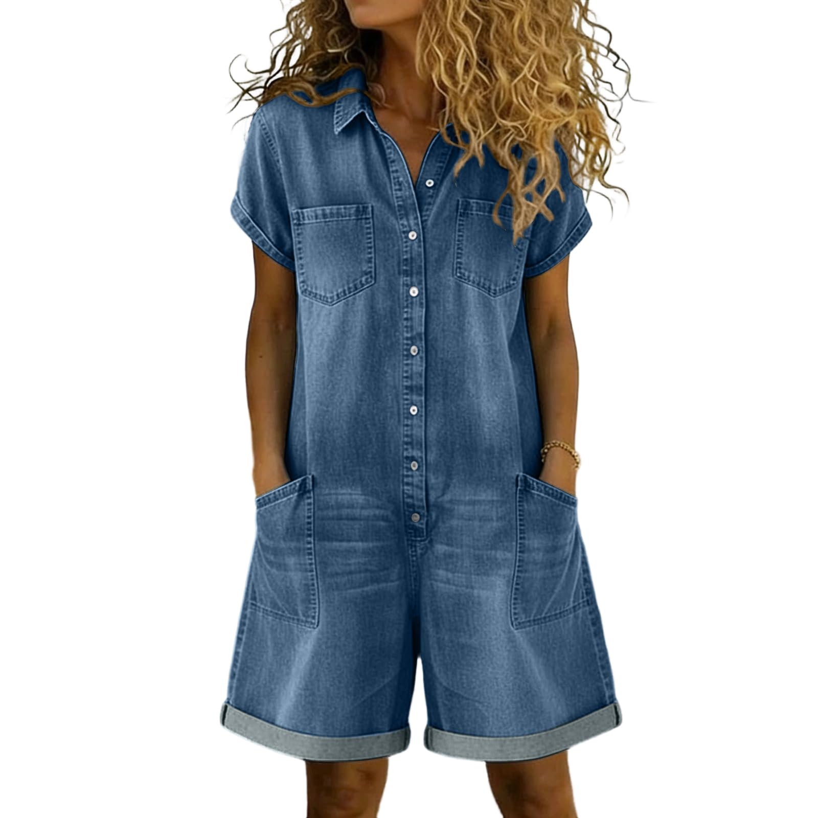 Jeans Jumpsuits Damen Kurzarm Overall mit Taschen Einteiler Elegant Weites Bein Jeans Overall mit Knopfleiste Romper Locker Frauen Playsuit Baggy Wide Leg Jumpsuit Sommer Kurz