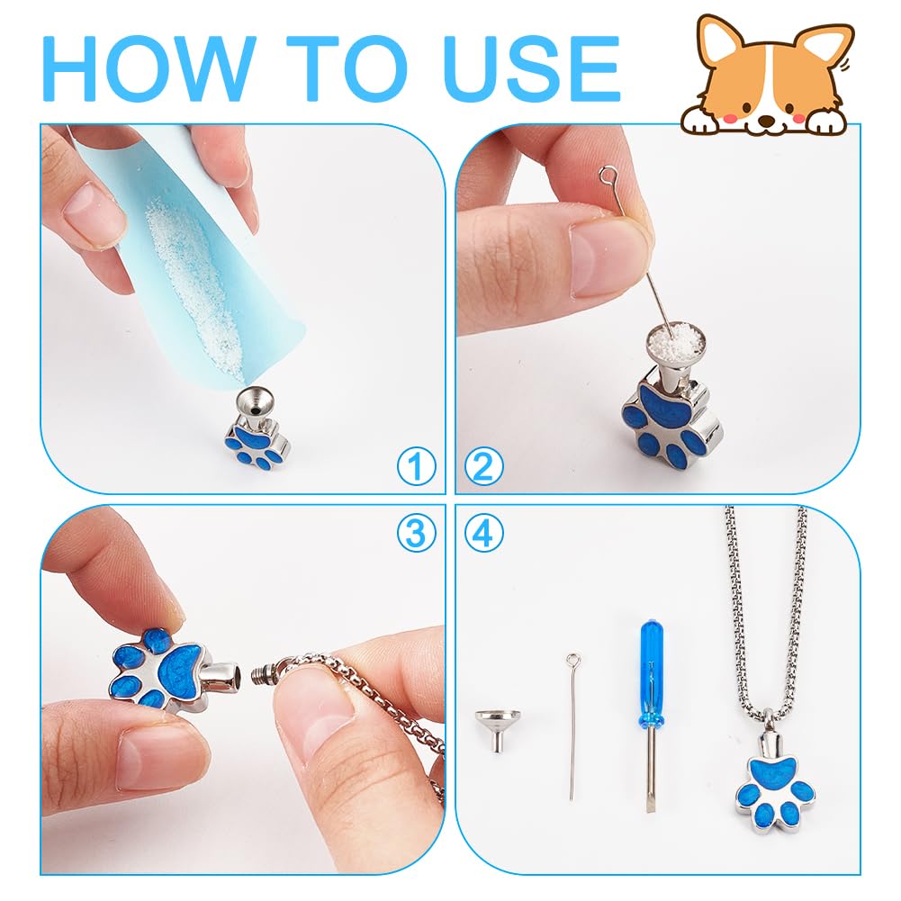 NBEADS Pet Cremation Jewelry for Ashes Paw Print Pet Urn Necklace Pendant Stainless Steel Urn Necklace Ashes Jewelry Making Kits with Filling Kits for Dog Cats Pet Ashes Keepsake Blue - Image 3