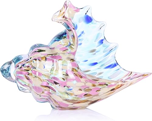 LCCCK Escultura de concha de vidrio soplado a mano, figuras de arte de vidrio marino, decoración de habitación playera, estatuas decorativas de