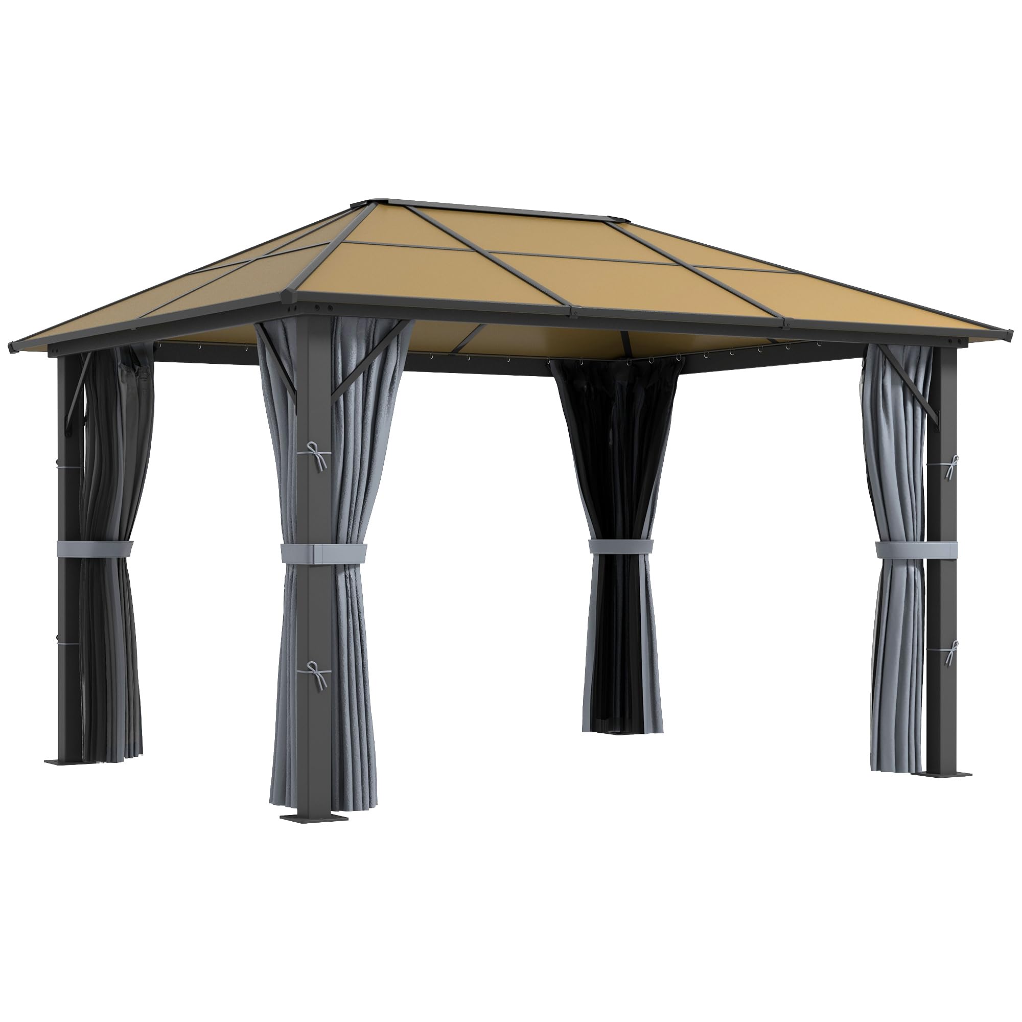 Outsunny 3 x 3.6m Hardtop Gazebo Canopy with Polycarbonate Roof, Aluminium Frame, Permanent Pavilion Garden Gazebo with Netting and Curtains - Grey