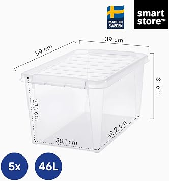 SmartStore - 5x Plastic Storage Box with Lid Classic 46L (59x39x31cm) |Plastic Storage Drawers with Lid|Food-Safe Material|Kitchen & Organisation|Durable Container for Home & Office|