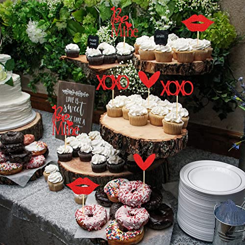 Arthsdite 24Pcs Valentine's Day Cupcake Toppers Be Mine Heart Xoxo Sexy Lips Cupcake Picks For Wedding Engagement Valentine's Party Decoration Supplies-Red Glitter #TOP3