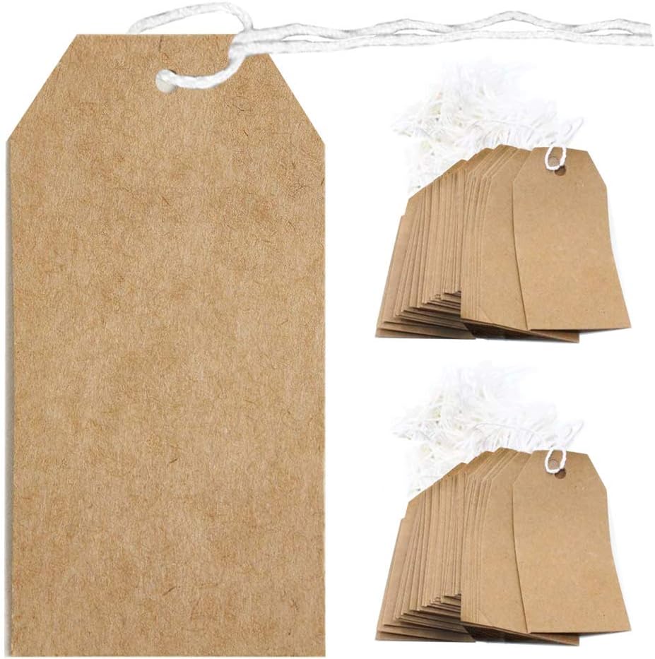 EMeskymall 100pcs Brown Strung Tag Label White String 70 x 35mm