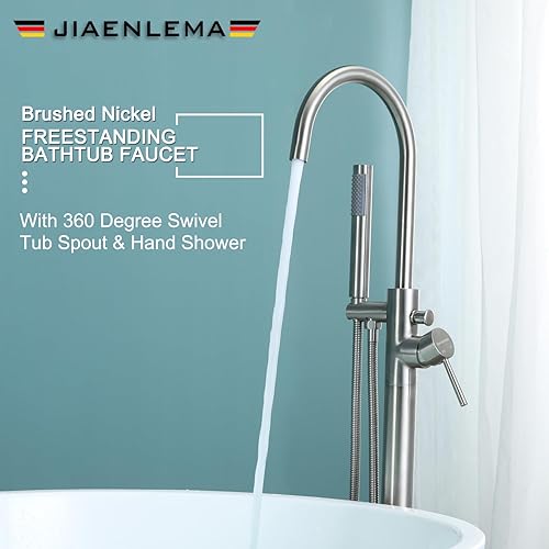 Miniatura 2 de Grifo de bañera independiente moderno de níquel cepillado con ducha de mano, manguera de ducha de 59 pulgadas, montaje en el suelo, relleno de