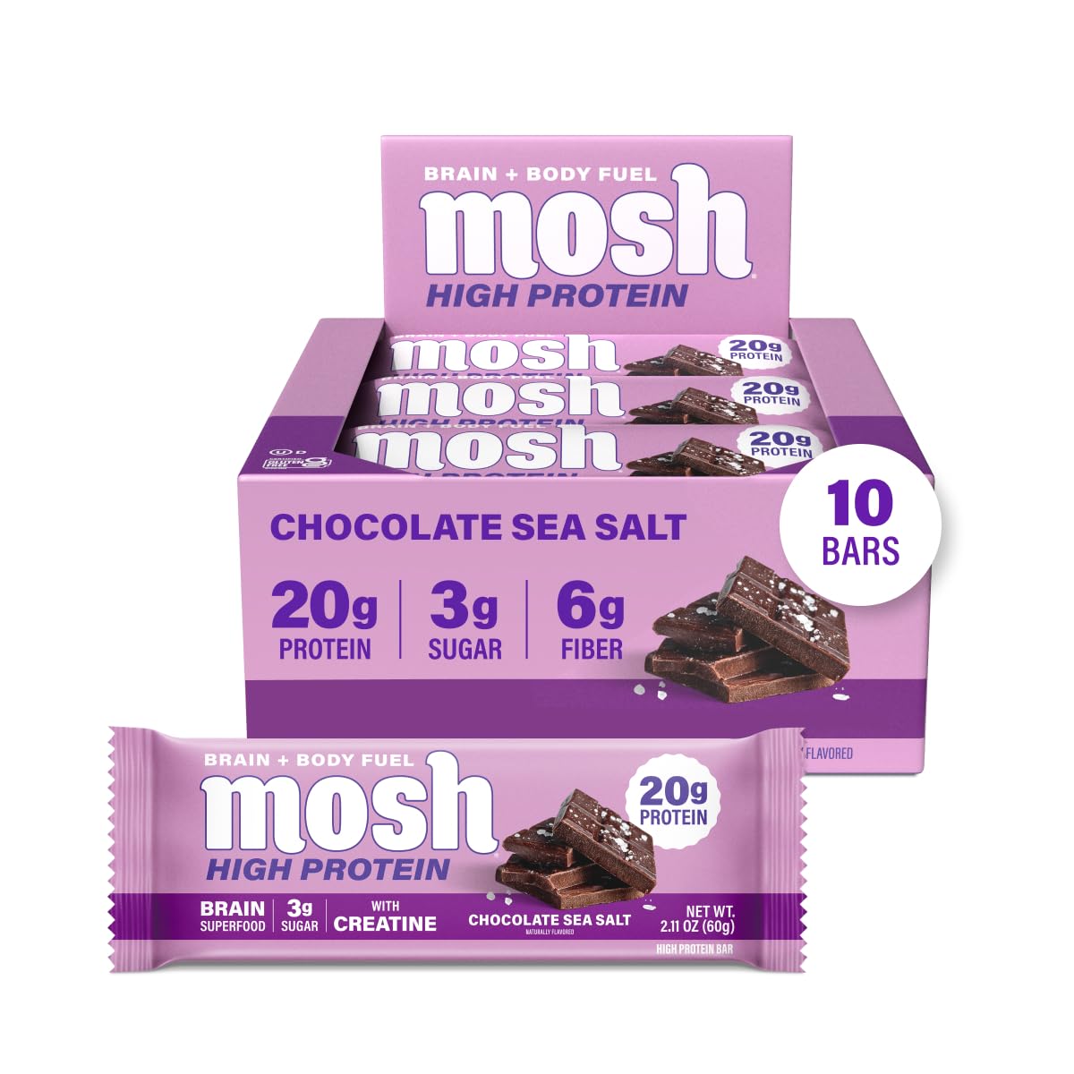 MOSH Chocolate Sea Salt High Protein Bars, 20g Protein, Creatine, 10 Ct