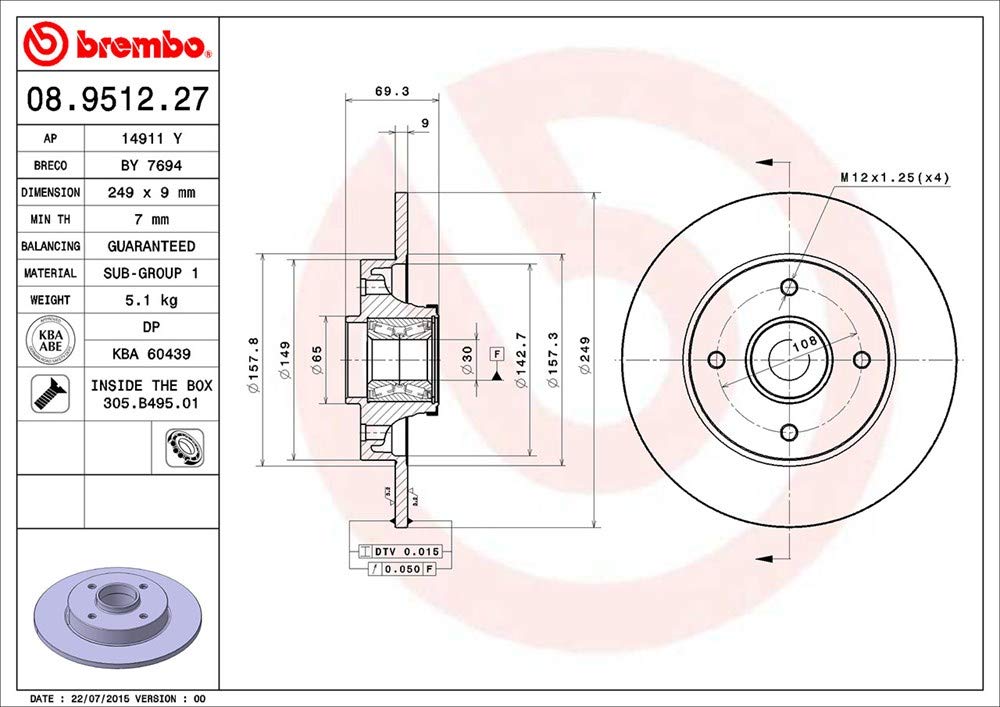 Brembo 08.9512.27 Tylna tarcza hamulcowa z zestawem łożysk i ABS - jednoczęściowa