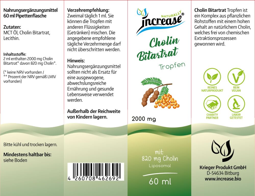 Colina bitartrato liposomiale gocce ad alto dosaggio – (60.000 mg per confezione) 2000 mg per dose giornaliera di cui 820 mg di colina -MCT olio -Alta biodisponibilità