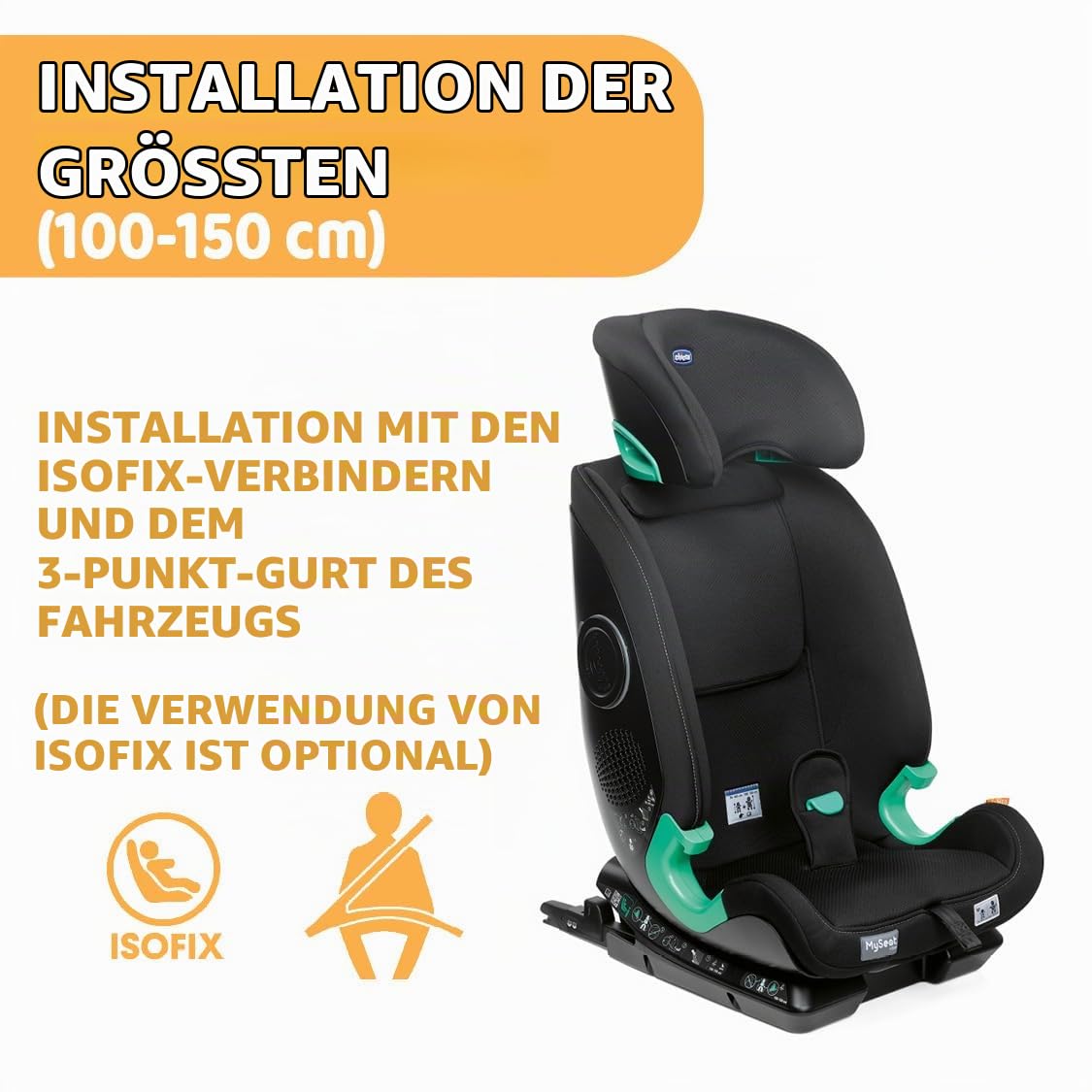 Chicco MySeat, Autositz, mit Isofix-System, Verwendung mit Integrierten Gurten mit Autogurten, Liegend, Höhenverstellbar, ECE R 129/03 - L Size Zugelassen, 76-150cm, ab 15 Monaten