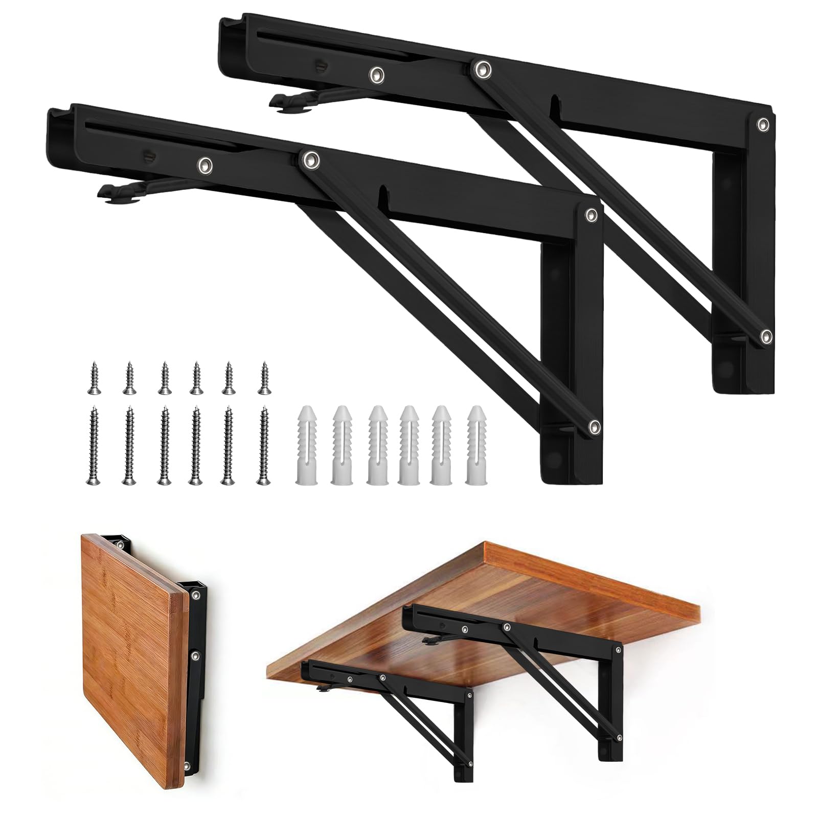 Storystore Folding Shelf Brackets - 8 Inch Heavy Duty Metal Collapsible Shelf Bracket for Bench Table, Shelf Hinge Wall Mounted Space Saving DIY Bracket, Max Load: 150 lb (2 PCS, Black)