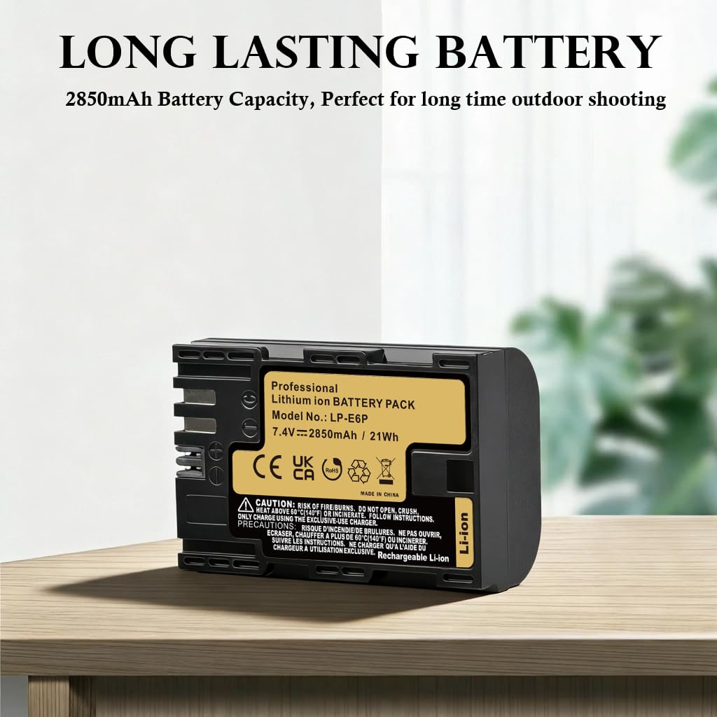 2850 mAh LP-E6P akumulator i ładowarka do Canon EOS R5 Mark II, R6 Mark III, C50, R5C R5 R6 R7 5DS/5DS R, 5D Mark II/III/IV, 6D/6D Mark II, 7D/7D Mark II, 60D 70D 80D XC10 R, LP-E6 LP-E6N LLP-E6NH
