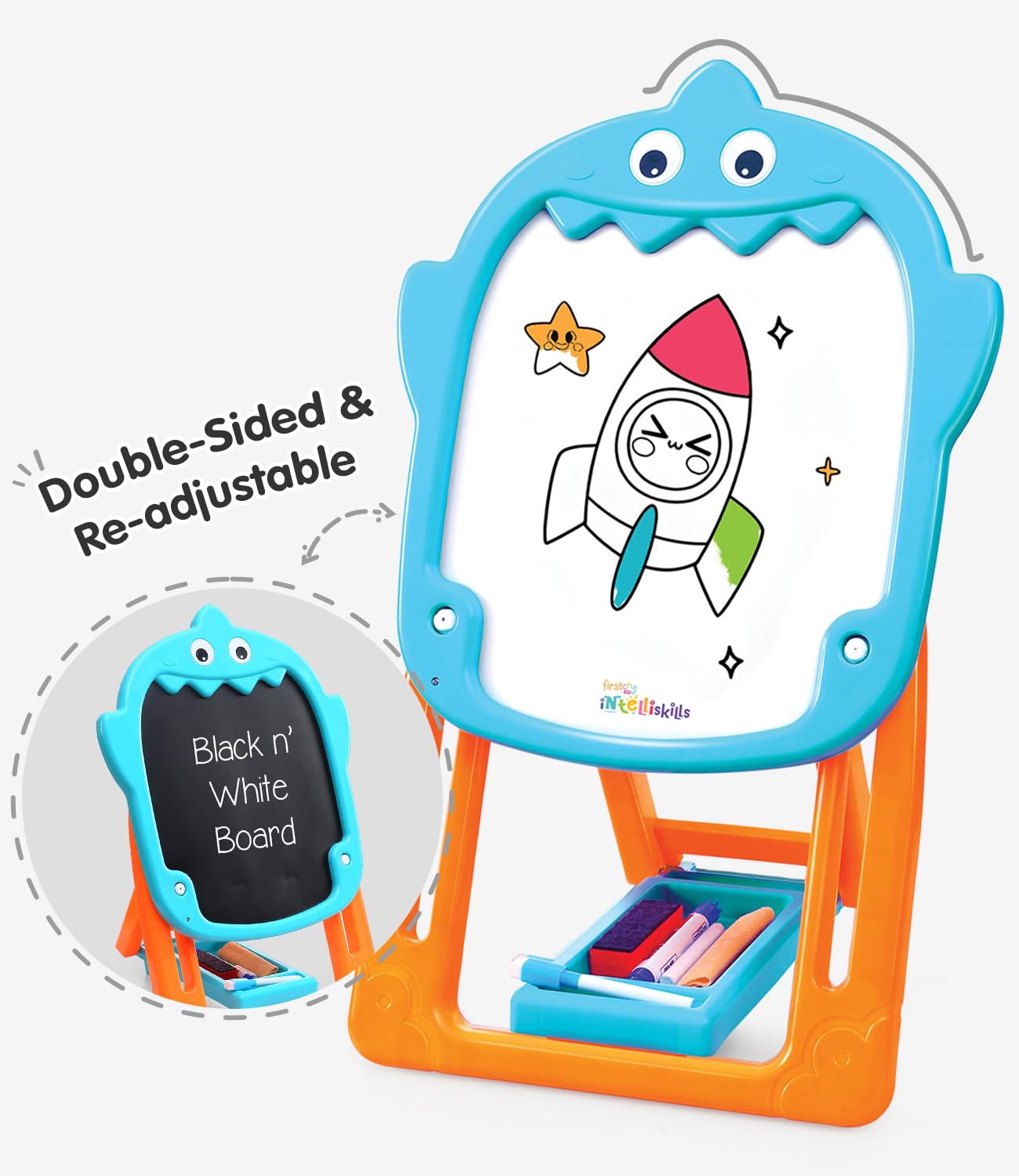Intelliskills Premium Double-Sided Tabletop Easel Board for Kids, Adjustable Writing Black & White Chalk Board with Duster, Chalk for Kids,Marker & Small Dusting Cloth,BIS Certified,2+Years,Ideal Gift - Image 2 thumbnail