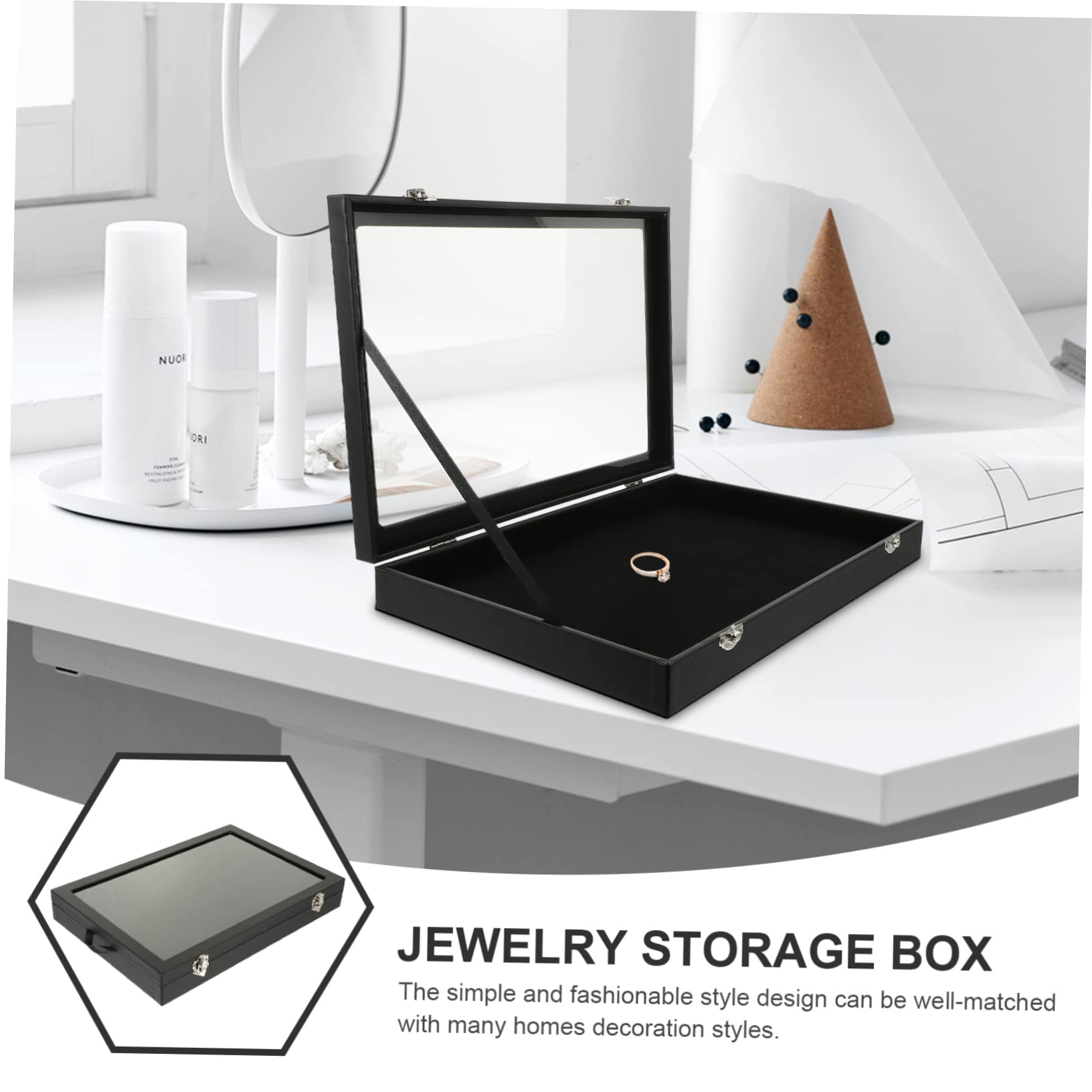 YZCIS Box Tablett Uhren Tragbare Glasanhänger Fenster Halskette Ringe Aufbewahrung B Schublade Klarer Ring Durchsichtige Plattenabdeckung mit Ledervitrine Organizer Armbänder Armband (Schwarz 2