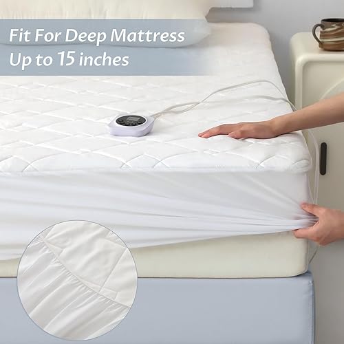 Miniatura 7 de Cubrecolchón eléctrico tamaño King  Calentador de cama acolchado con funciones de memoria y precalentamiento, 12 ajustes de calor, control dual para