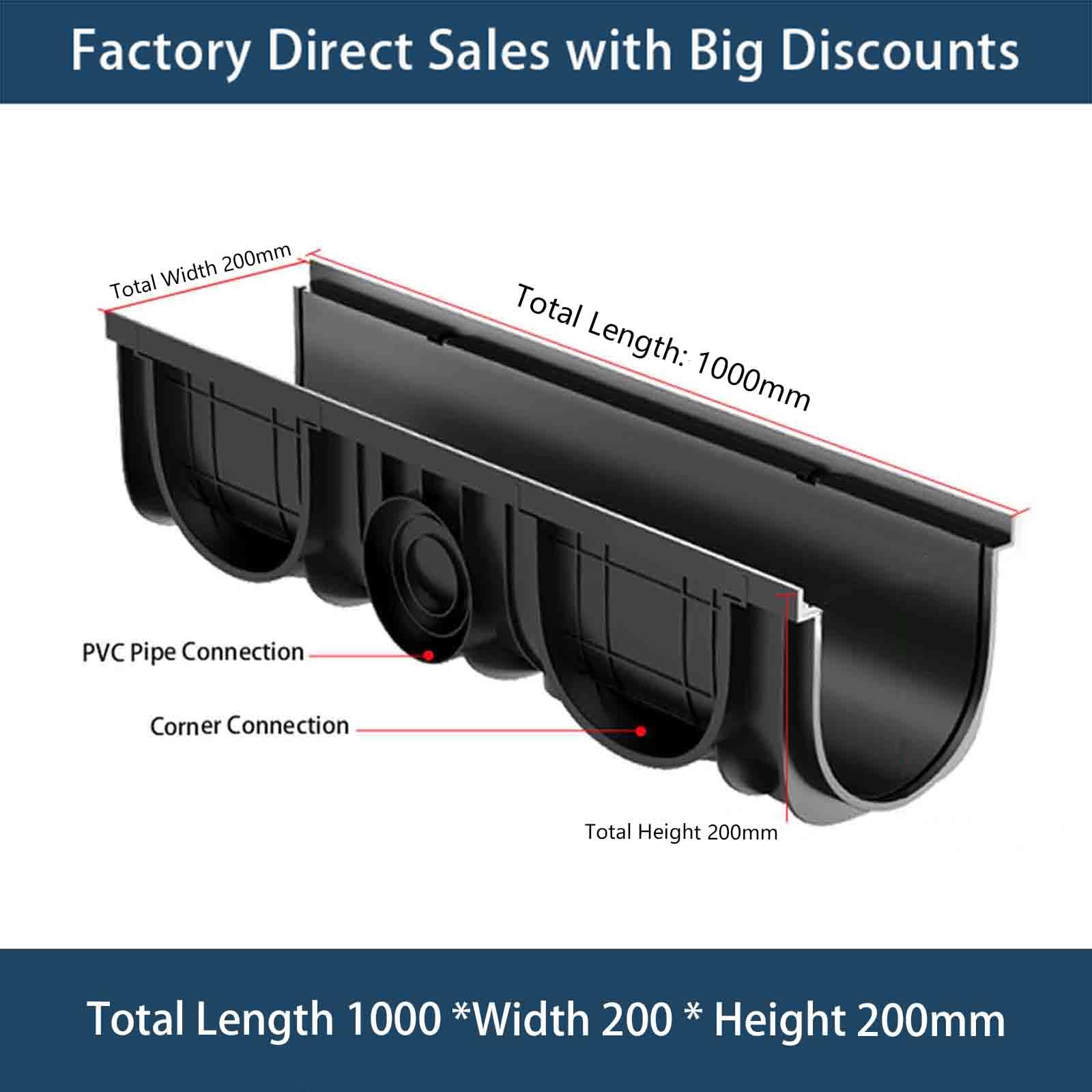 Grille de Drainage en Plastique PEHD 1m x 200mm, Drain de Tranchée Robuste Extérieur, 100x20x20cm, 4 Pack