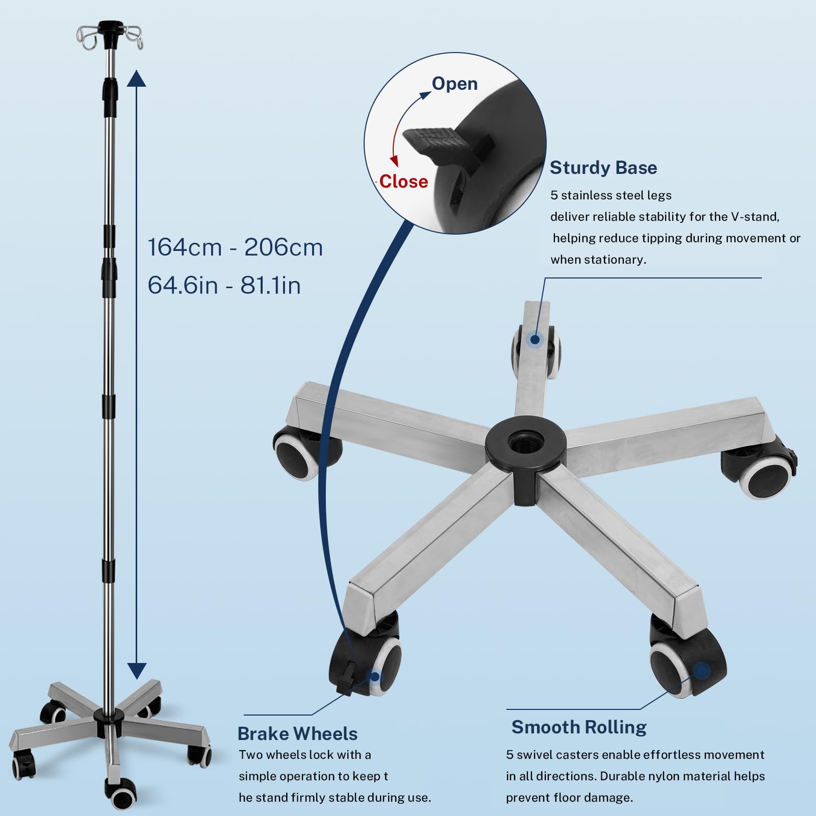 Faltbarer Infusionsständer mit Rollen - Tragbarer IV-Ständer mit 4 Haken, Verstellbare Höhe 109-211 cm, Edelstahl Tropfständer für Krankenhaus, Klinik, Zuhause