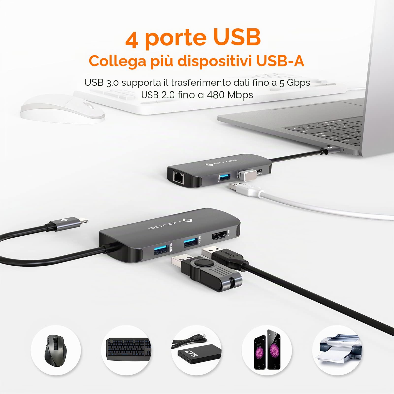 Hub USB C, NOVOO 7 in 1 multiporta Adattatore da HDMI 4K, Ethernet RJ45, 3 USB 3.0 & USB 2.0, tipo C 100W PD Docking Station Compatibile con MacBook Pro/Air,Surface Pro/Go,Pad Pro/Air,Dell,HP