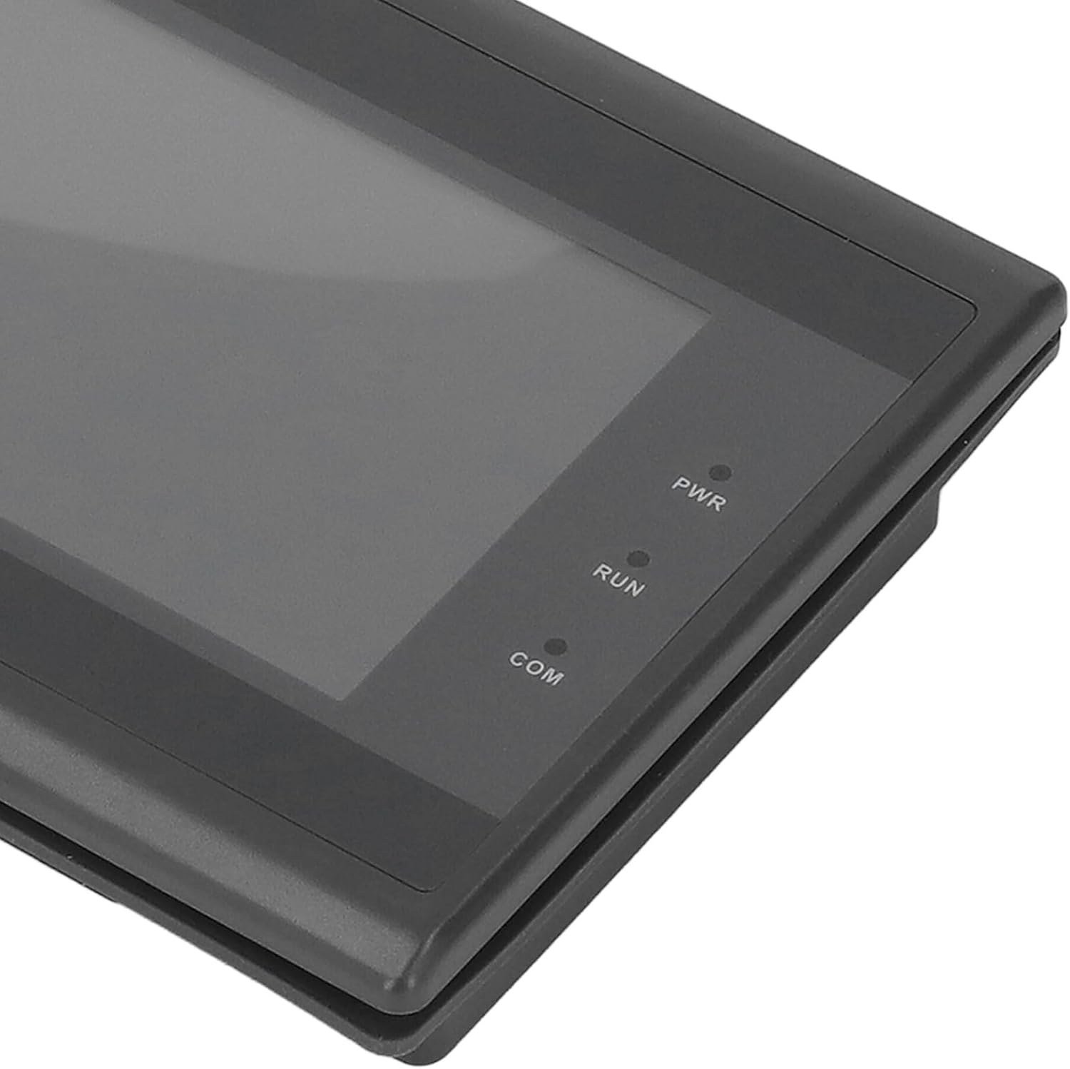 Close-up of the PWR, RUN, and COM indicator lights on the HMI Touch Screen