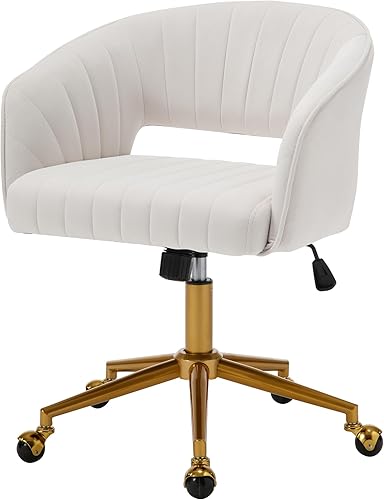 Miniatura 1 de Westice Sillas de oficina en casa, moderna silla rodante de terciopelo para escritorio, silla giratoria de altura ajustable con base dorada, silla