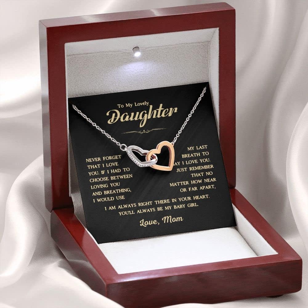 Custom Heart Necklace For Daughters from Father Mother, Personalized Jewelry Birthday Gift, Beautiful Pendant to Women Girls, Christmas Daughter Love Necklaces Gifts From Mom Mum Dad to Girl (Interlocking Heart, Luxury Box with LED)