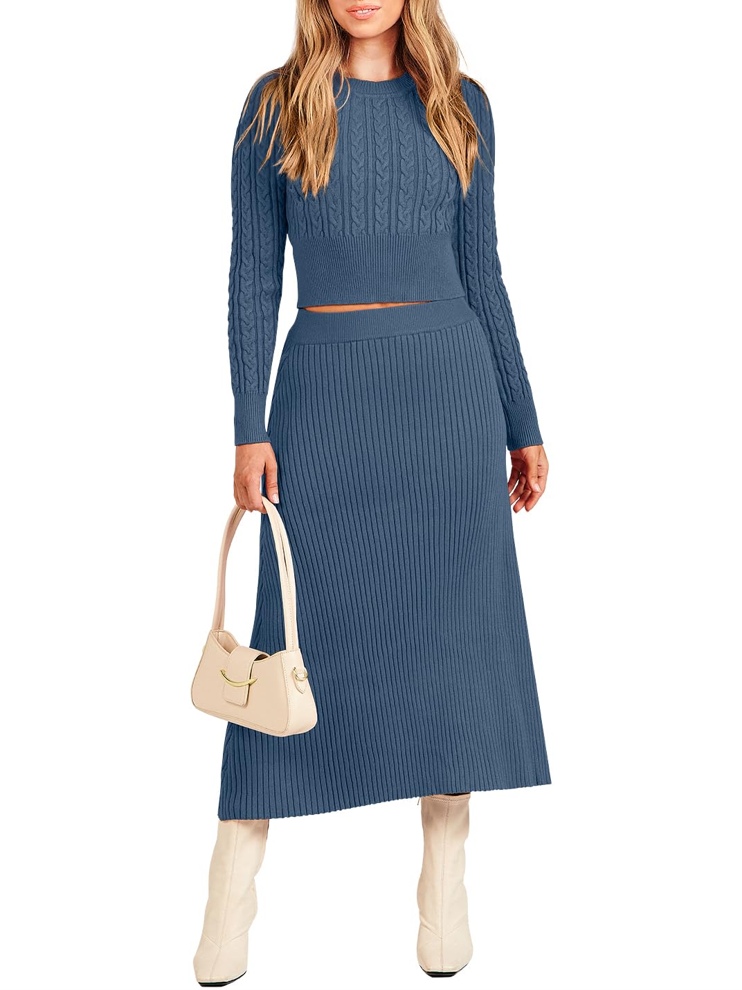 ANRABESS Women's Casual Two Piece Outfits Dress Long Sleeve Cable Sweater Top and Ribbed A-Line Maxi Skirt Sets
