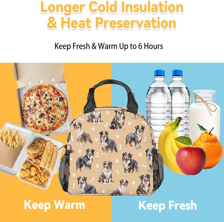 Miniatura 6 de Lonchera de pastor australiano para niñas y niños, pequeñas bolsas de almuerzo aisladas, lonchera reutilizable para niños, lonchera congelable