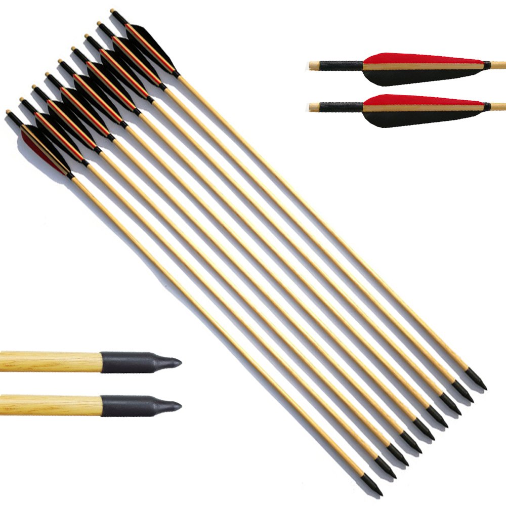 SHARROW 12pcs Tiro con L'Arco Frecce di Legno Frecce di Caccia Tradizionali Albero della Freccia in Legno con 5" Piume Naturali Metallo Punta di Freccia