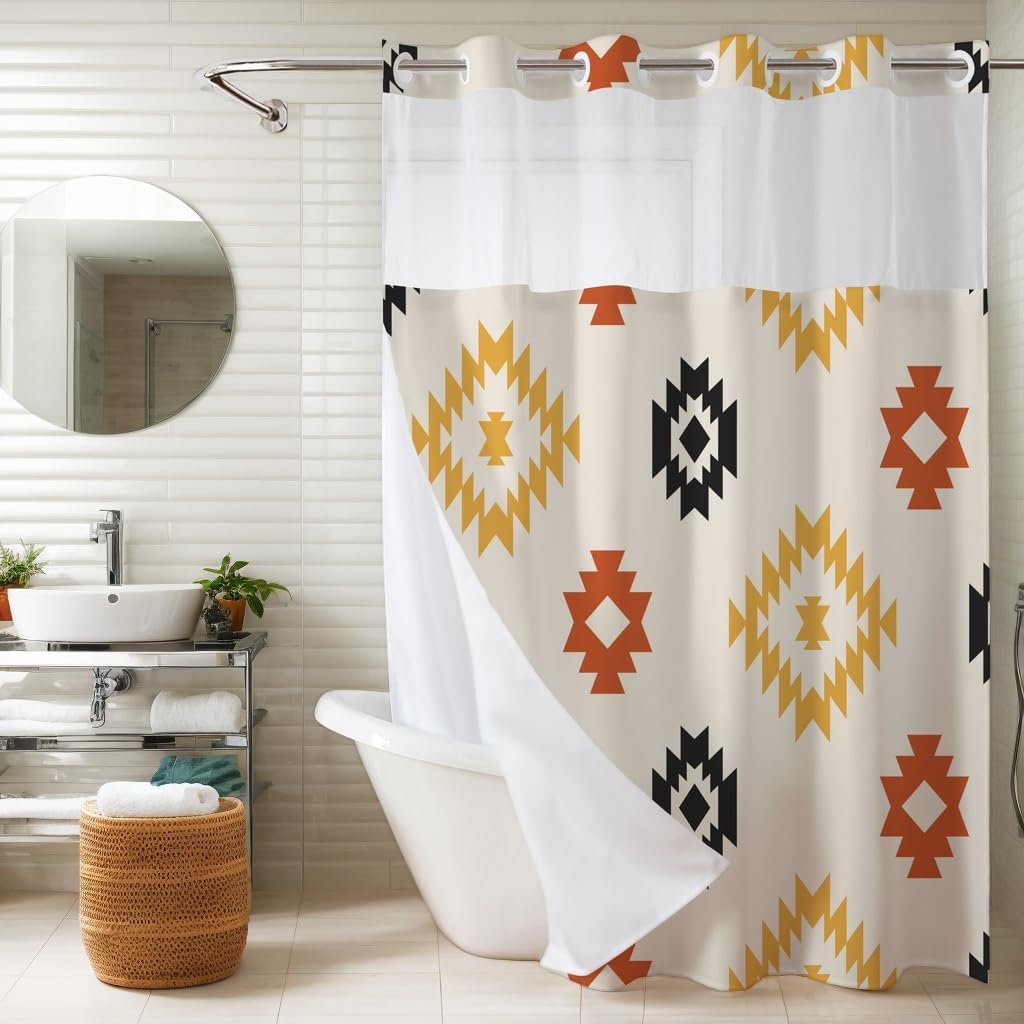 Southwestern No Hook Shower Curtain with Snap in Liner Set, Aztec Geometric Stripes Fabric Shower Curtain Set with Liner, See Through Mesh Top, Boho Western Shower Curtains 71" x 74"