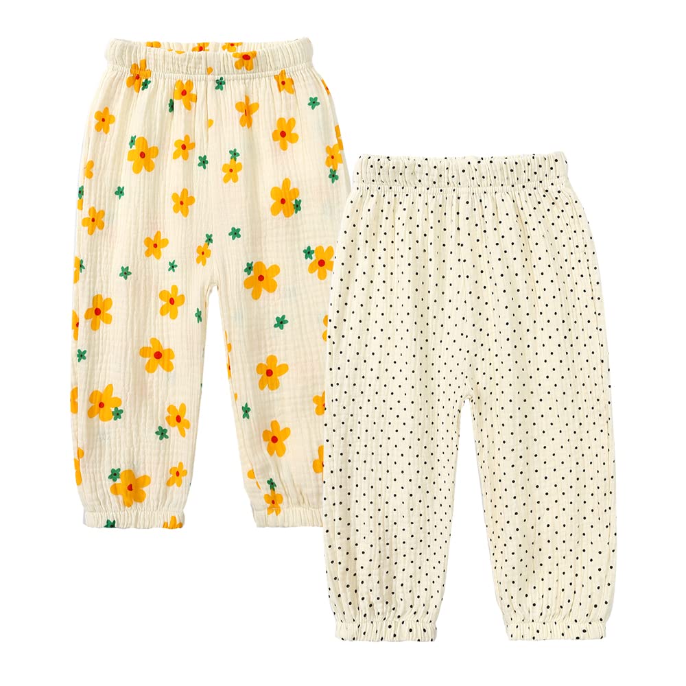 MYGBCPJS Baby Boys Girls 2 Pack Cotton Linen Long Bloomers Graphic Printed Trousers Ankle Length Kids Elastic Waist Pants