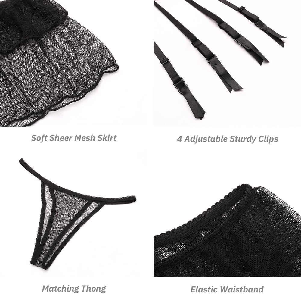 Women’s Sexy Lace Garter Belts Naughty Plus Size 3 Piece Lingerie Mini Skirt Fish Net Stocking with G-String - Image 7