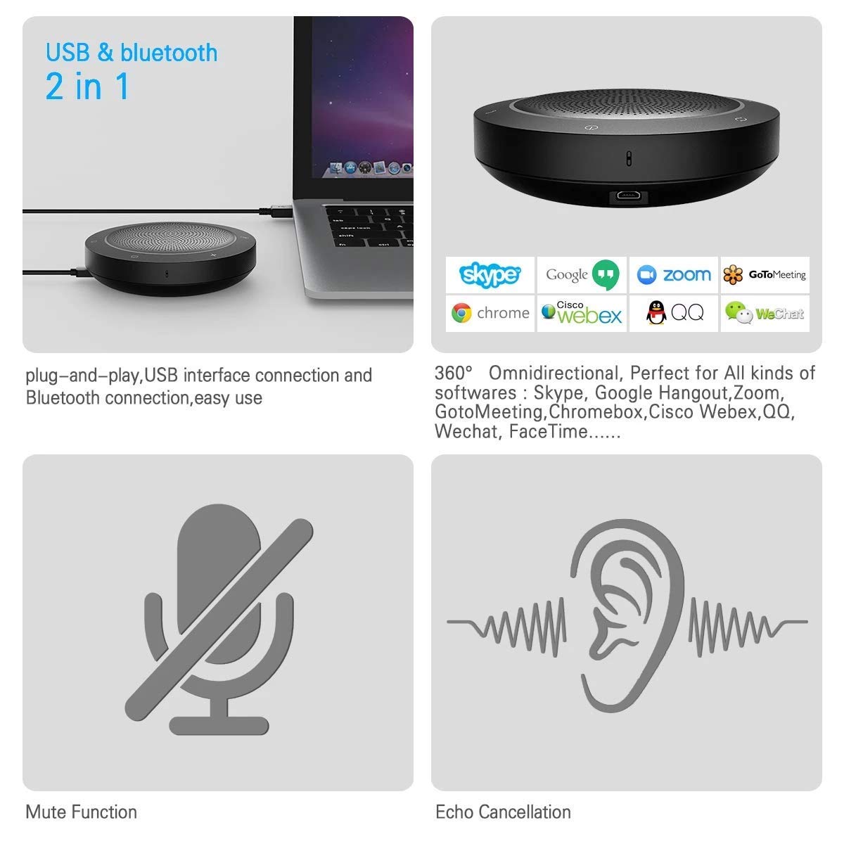 Bluetooth Conférence Haut-Parleur Microphone sans Fil pour téléphone Portable et Ordinateur, Bureau à Haut-Parleur USB pour Skype, Zoom