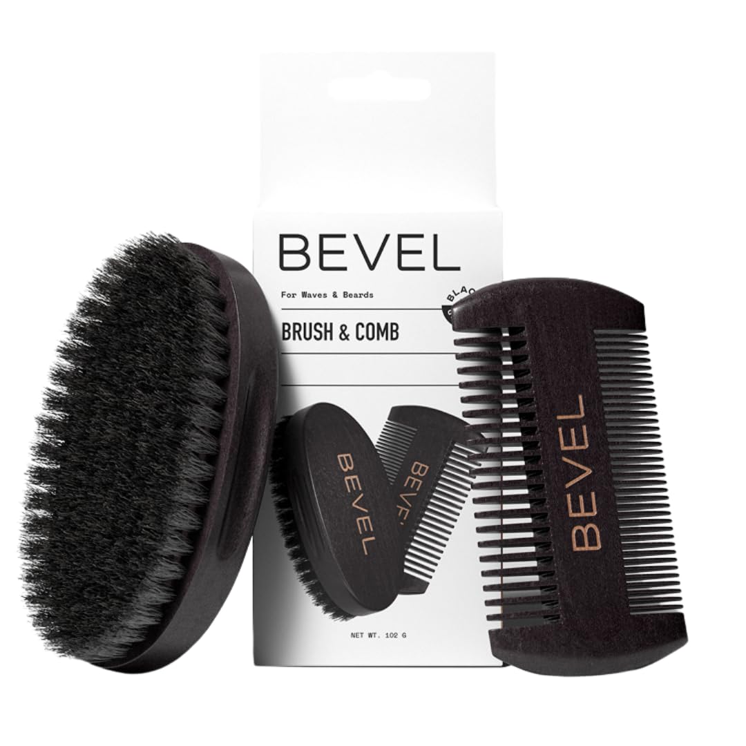 Bevel Beard Brush and Comb Set for Men – Natural Boar Bristle Brush & Pearwood Comb with Travel Pouch – Beard Grooming Kit for Shaping, Soften & Detangling Mustaches