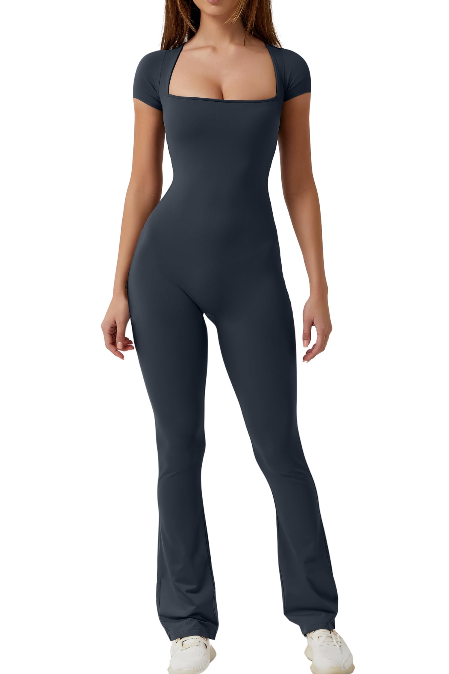 QINSEN Flare Jumpsuits for Women Short Sleeve Square Neck Bodycon Full Length Playsuit