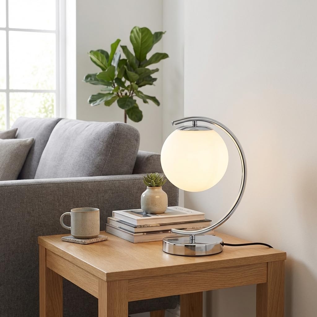 BARCELONA LED Tischlampe SAN in Chrom mit Glaskugel aus Opalglas, Aluminium Metallstruktur, klassisch moderne Luxus Tischleuchte im Retro Design für Schlafzimmer, Wohnzimmer und Schreibtisch E27