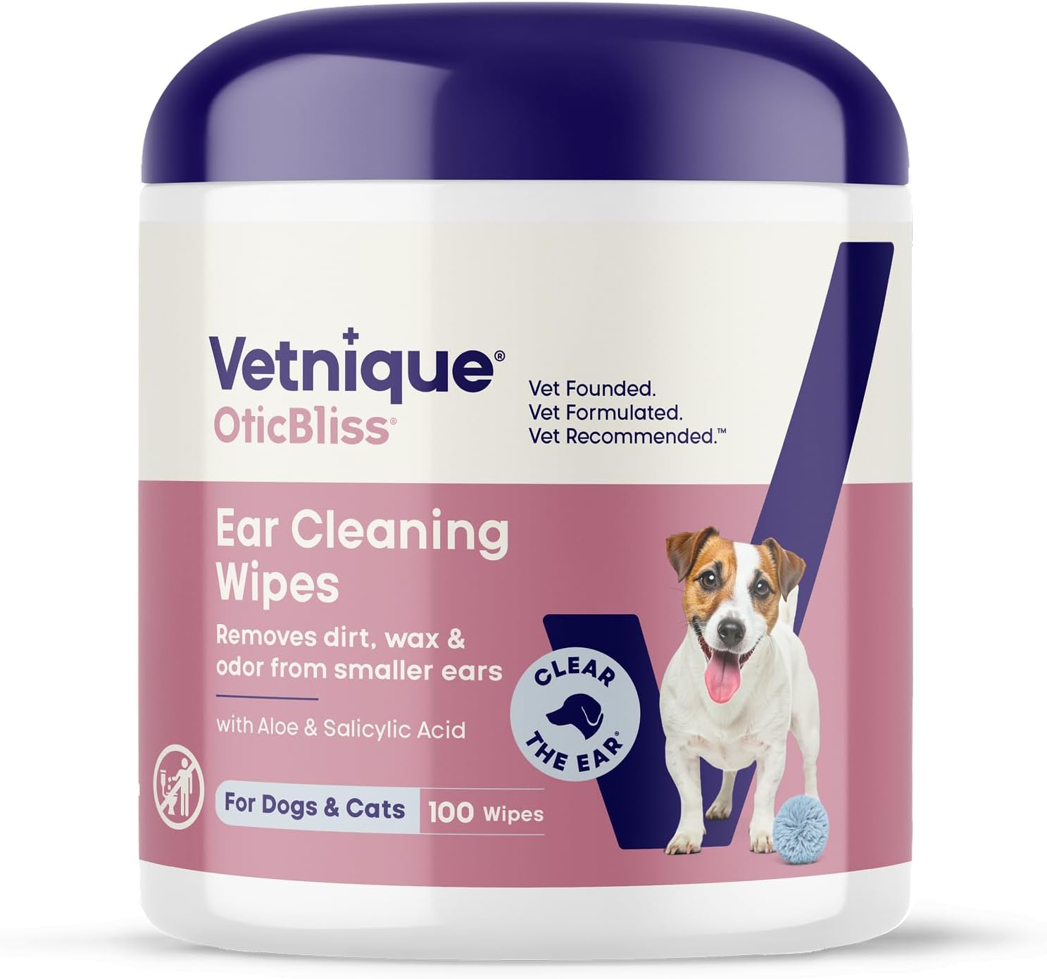 VETNIQUE Oticbliss Advanced Cleaning Ear Wipes for Dogs & Cats for Odor Control, Dirt and Wax Removal with Soothing Aloe Vera, Drying Agent and Vitamin E, Clear the Ear 100ct Wipes