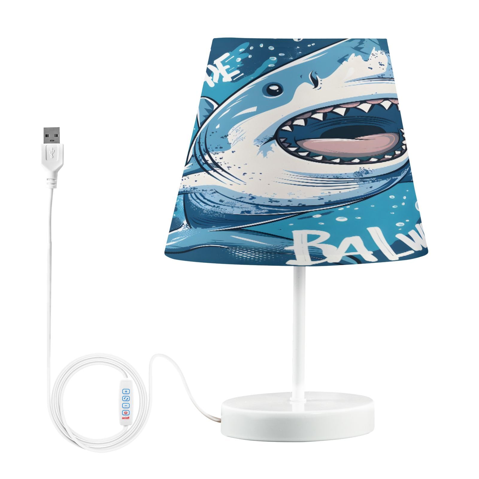 Mnsruu Lámpara de mesa dibujada a mano de tiburón de dibujos animados para dormitorio, lámpara de mesa de noche de 3 colores con bombilla LED, lámparas de mesita de noche para sala de estar,