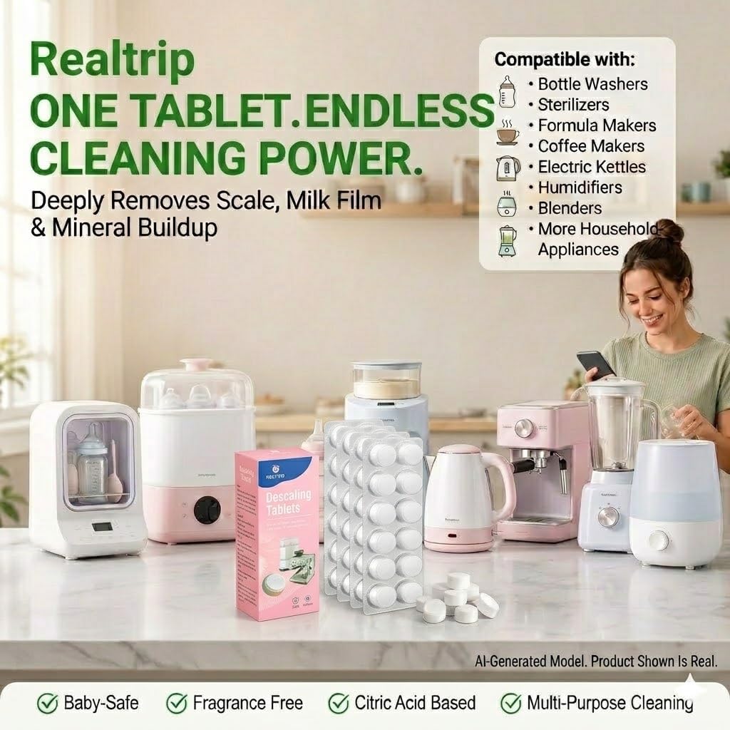 Realtrip 40 Count Descaling Tablets for Baby Brezza, Momcozy Baby Bottle Washer & Coffee Makers– Removes Milk Residue, Limescale & Mineral Buildup – Citric Acid, Fragrance Free – (4 Strips of 10)
