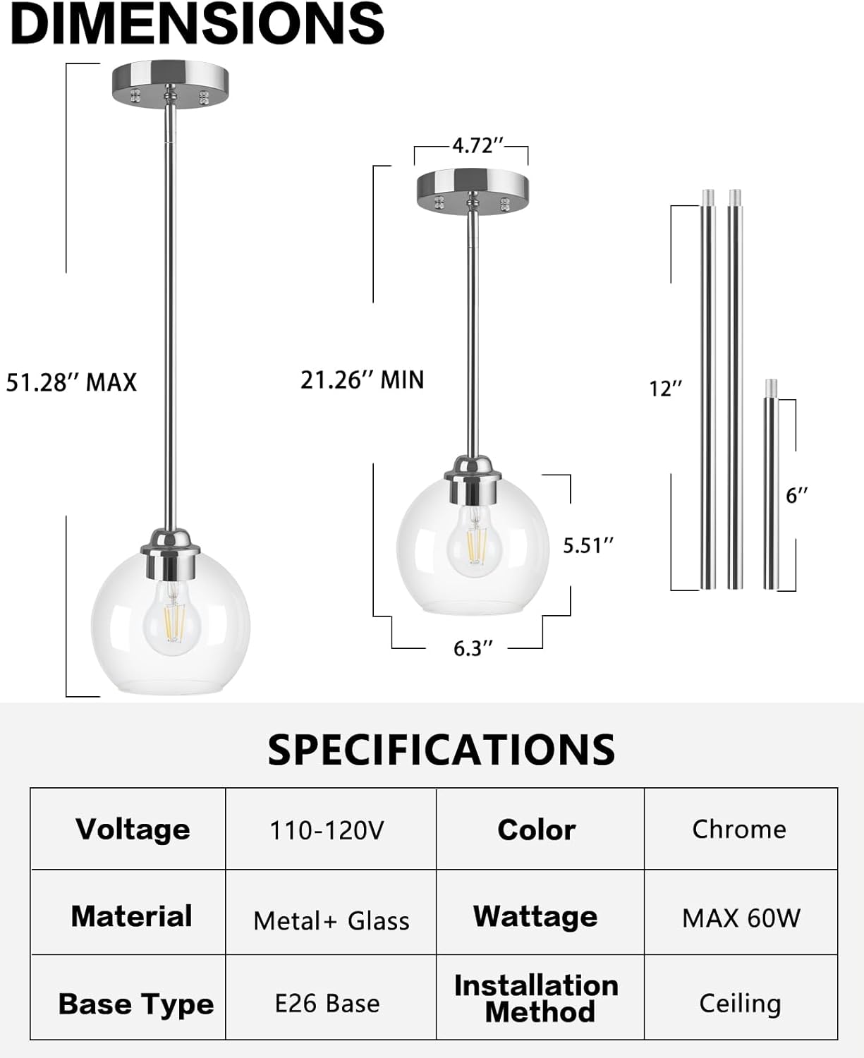 Modern Pendant Light Fixtures 2 Pack, Chrome Globe Pendant Lights with Clear Glass Shade, Pendant Lights for Kitchen Island, Hanging Lights Over Island