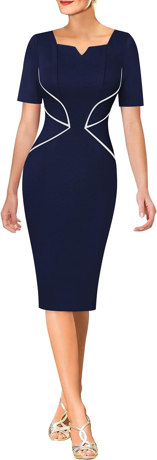 VFSHOW Womens Notch V Neck Work Office Business Bodycon Pencil Sheath Dress