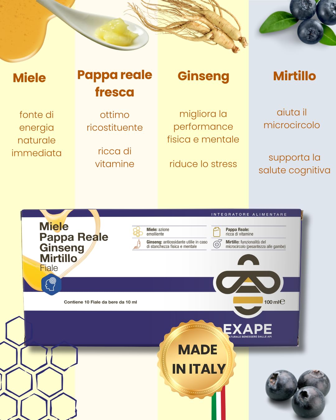 EXAPE - Pappa Reale Fresca Tonico Naturale, Integratore Energetico, Azione Ricostituente e Antiossidante, con Miele 50%, Pappa Reale Fresca, Ginseng, Mirtillo, 10 Flaconcini da 10ml - 2 CONFEZIONI