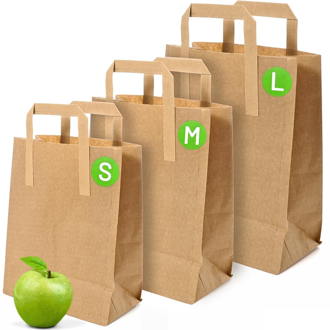 Brown Paper Bags with Handles - Large 12 x 10 x 5", 50 Pack, 80gsm Kraft Material, Takeaway Lunch Grocery Shopping Gift Party