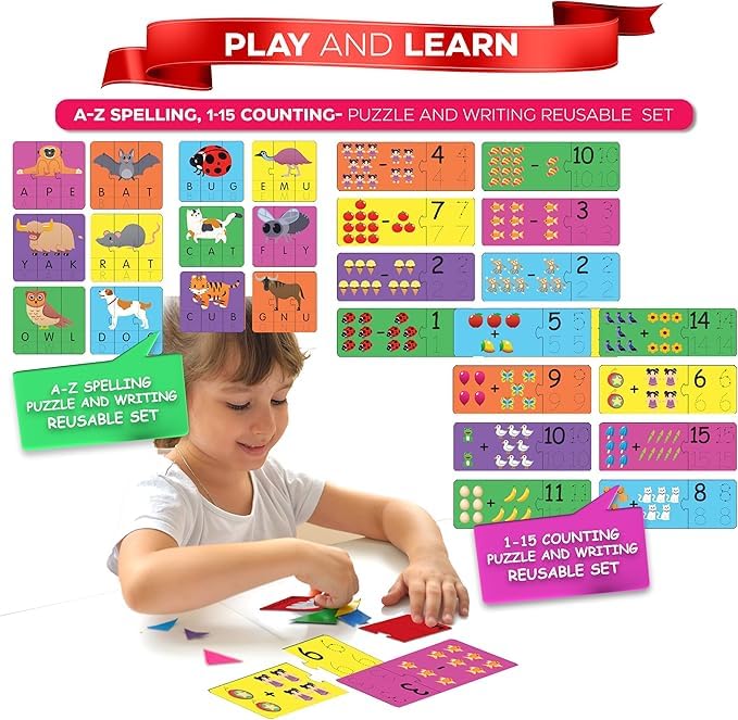 Image of Educational Activity Box for Kids Age 4 | Play & Learn - Spelling & Math Puzzle, 6 Write-Wipe Fun Activities, Country Flag Memory Game | Early Learning Kit for Preschoolers (Age 4 & 4+)