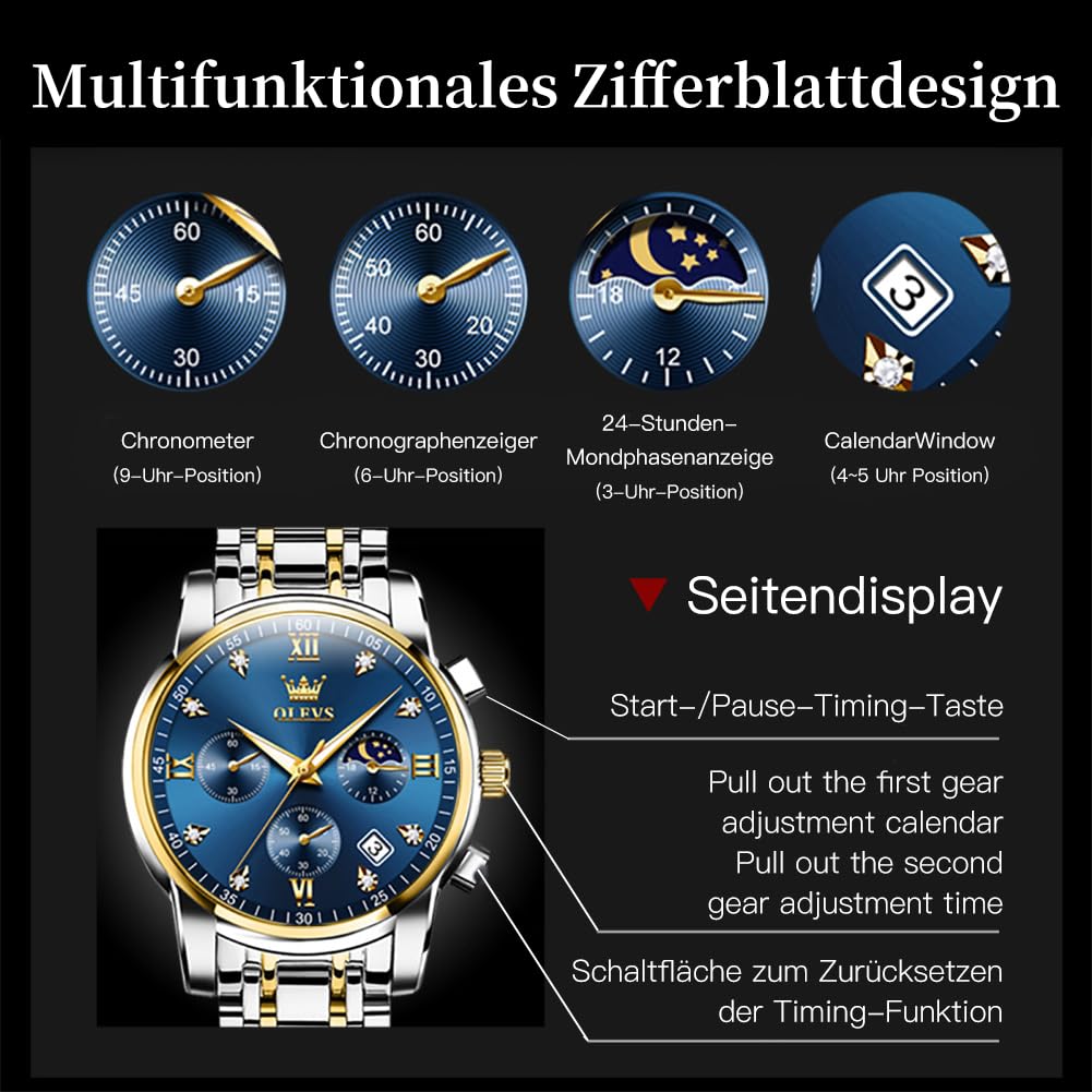 OLEVS Herrenuhren Blau Edelstahlarmband Quarz Uhr Männer mit Diamant Datum Wasserdicht Leuchtende... Ansicht 6