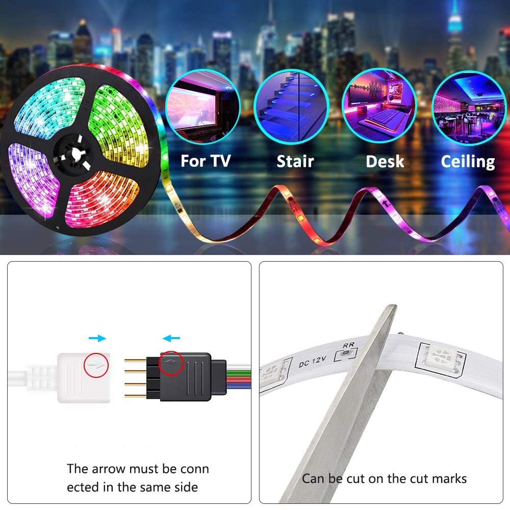 Waterproof LED Strip Lights Kit E-More 5M/16.4Ft RGB Led Strip Lighting 300 LEDs Colour Changing Lighting Strip with Remote Controller 24 Keys for Bedroom Kitchen Party Christmas Decorative