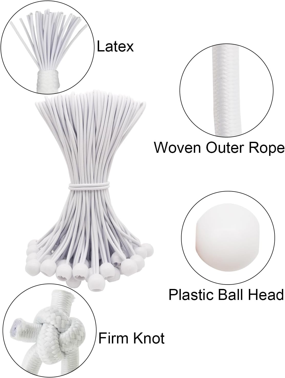 Ball Bungee Cords 10 Inch, 100 Pcs Small Bungee Cords with Balls, Mini Bungee Balls Heavy Duty Outdoor for Tarp, Canopy, Camping, Tent (White)