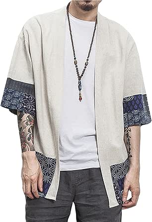 AGYE Kimono Chemise Style Japonais, Veste Haori Pour Hommes Cardigan Kimono Léger Décontractéà Sept Manches Manteau Ouvert Sur Le Devant,Blue-Medium